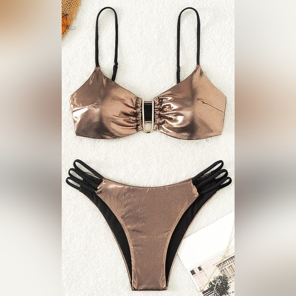 NEW Sexy Barbiecore Coquette Metallic Bronze Bikini Swim Summer Set-(#1,461) - Picture 3 of 5